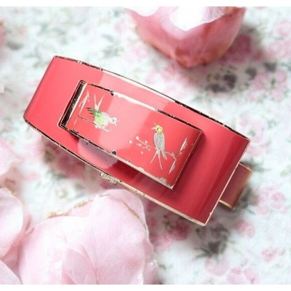 Authentic Original Vintage Style Accessories - Vintage Samba Cuff Bracelet Watch Enamel Birds 1940s 50s